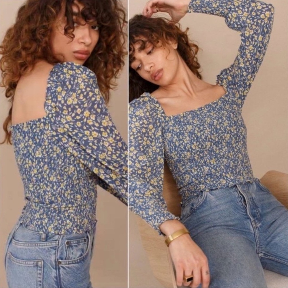 Reformation Blue and Yellow Floral Blouse